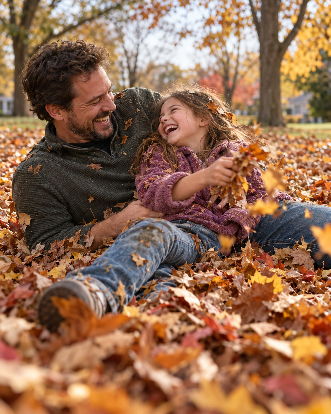 A dad and his daughter laughing in a pile of autumn leaves