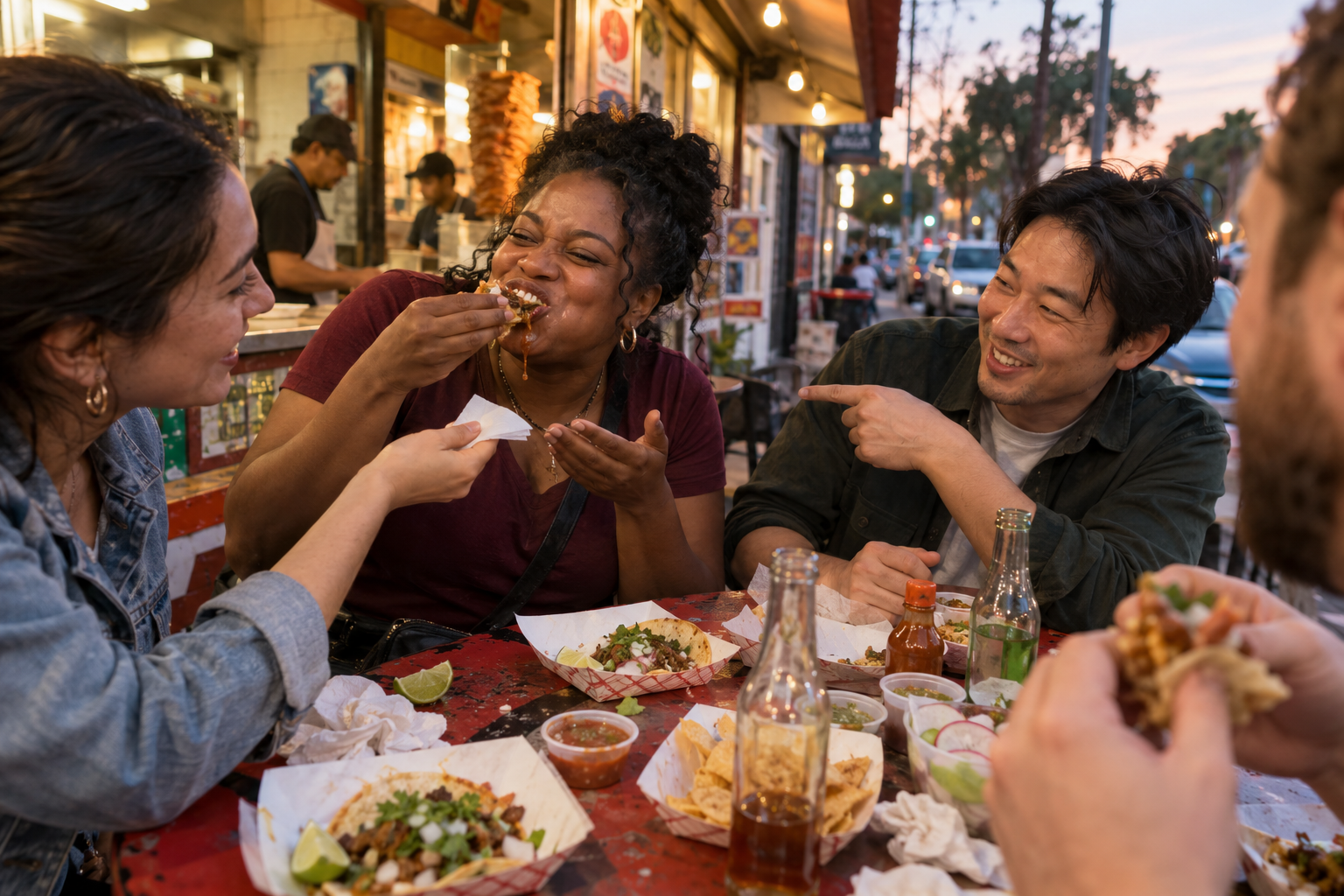 Friends laughing over tacos at a street stand