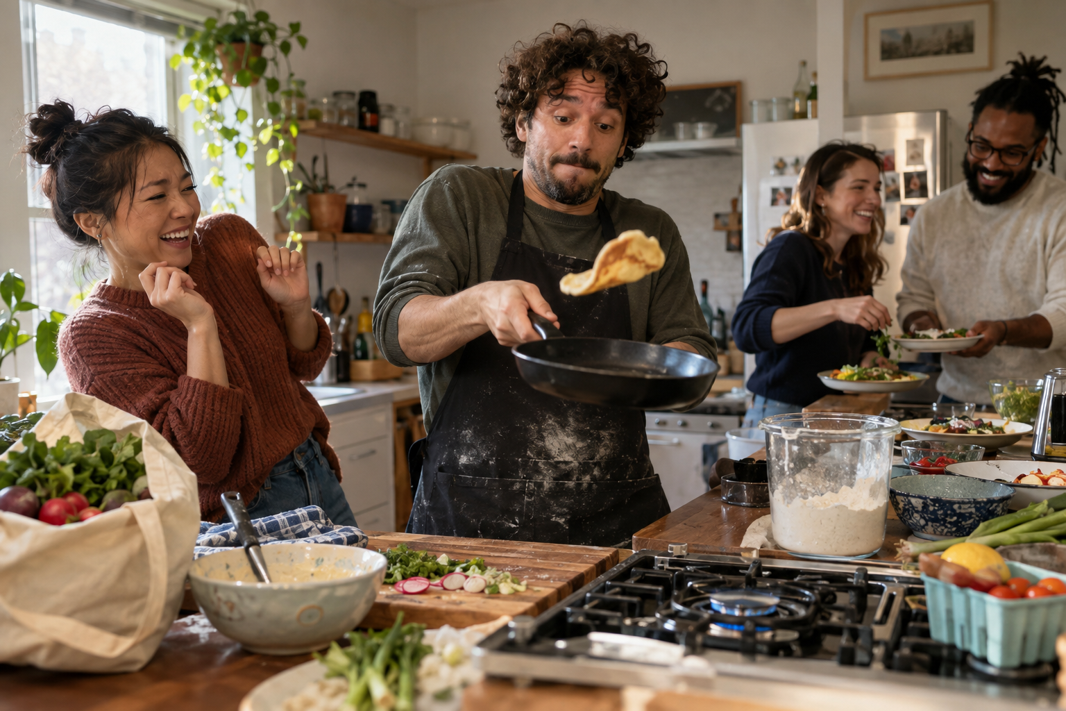 Friends cooking together as one flips a pancake mid-air