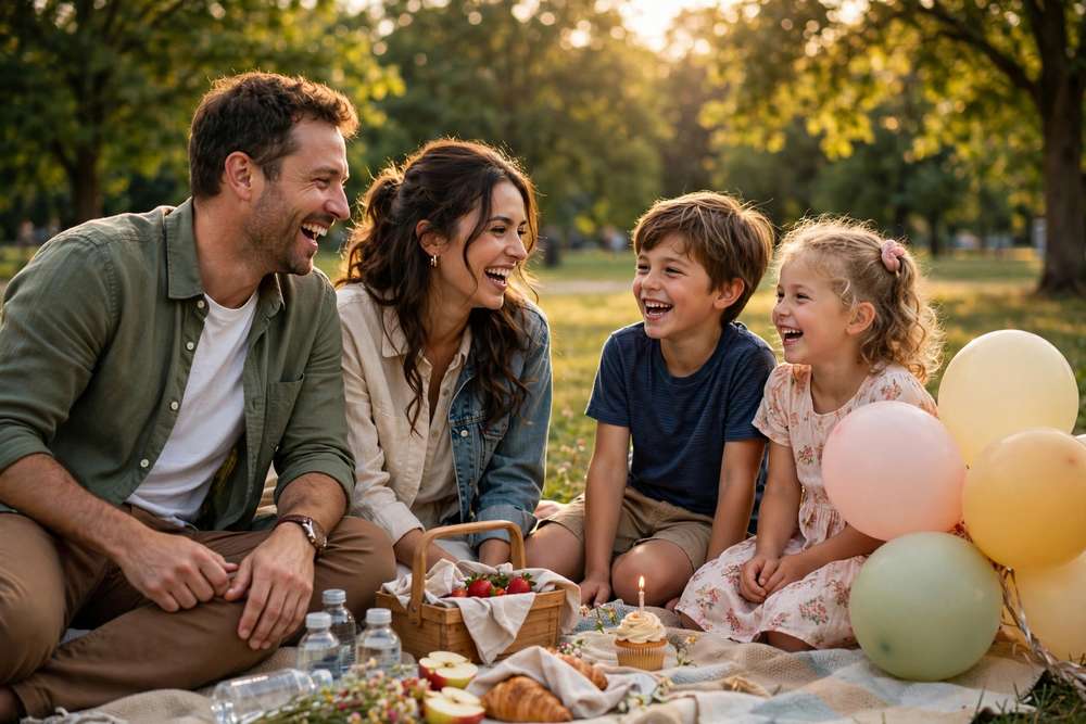 Parents and kids laughing together at a sunny park picnic with balloons for a birthday weekend
